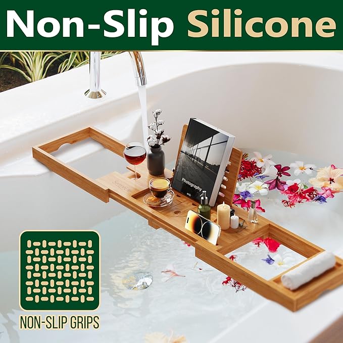 SereneLife Bamboo Bath Caddy with Fold and Lock Design - 30” to 43” Expandable Bathtub Tray, Easy Storage Folding Hinges