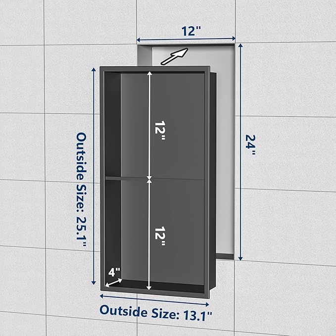 Stainless Steel Shower Niche 24" X 12", No Tile Needed Wall Niche Double Shelves, Recessed Shower Shelf for Bathroom Storage, Gun Metal
