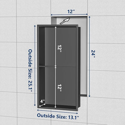 Stainless Steel Shower Niche 24" X 12", No Tile Needed Wall Niche Double Shelves, Recessed Shower Shelf for Bathroom Storage, Gun Metal