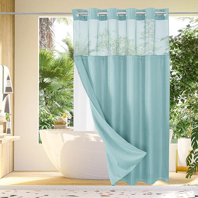 Gibelle Extra Long Shower Curtain 72x86, Waffle Weave Bathroom Shower Curtain with Snap-in Fabric Liner Set, No Hooks Needed, Hotel Style with Mesh Top Window, Teal