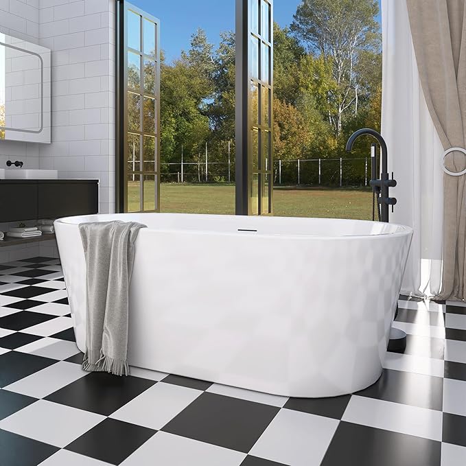 59" Free Standing Tub, Pure Acrylic Freestanding Bathtub, Stylish Stand Alone Contemporary Deep Soaking Bath Tub, cUPC Certified SY1550 (Glossy White)