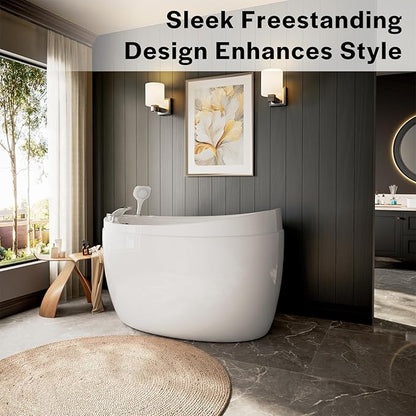 Empava Bathtub,59 Inch Soaking Tub with Chrome Faucet & Showerhead, Oval Deep Soak Acrylic bathtub with Integrated Seat, Japanese Style Design, Slip-Resistant Floor, Glossy White