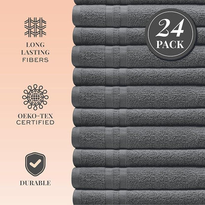 White Classic Wealuxe Dark Gray Washcloths 24 Pack - 600 GSM 100% Ring-Spun Cotton Wash Cloths for Showering, Highly Absorbent and Soft | 12x12 Inches