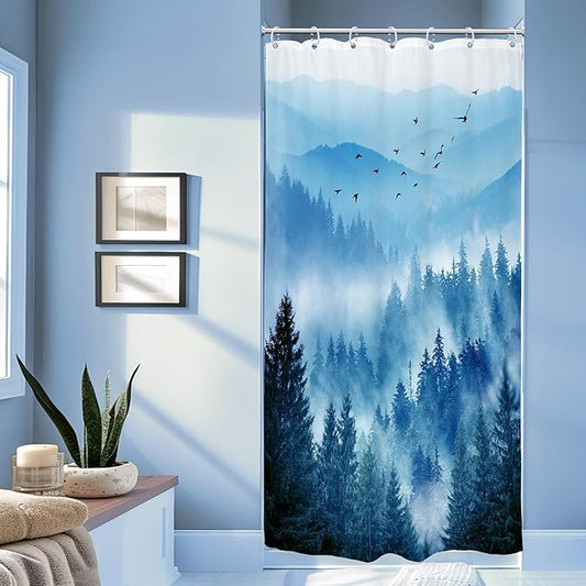 Riyidecor Stall Half Small Rv Shower Curtain 36Wx72H Inch Blue Mountain Single Stand Up Camper Camp Narrow Scenery Nature Woodland Pine Tree Bathroom Decor Fabric Polyester Waterproof 7 Pack Hooks