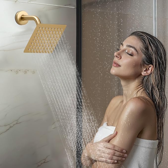 VEVOR Shower Faucet Set, 12 Inch Thermostatic Ceiling Mount Rainfall Shower System with 6 Inch Wall Mount Head and 2 in 1 Handheld Spray, 3-Function Dual Rain Head Brass Valve Trim Kit, Brushed Gold