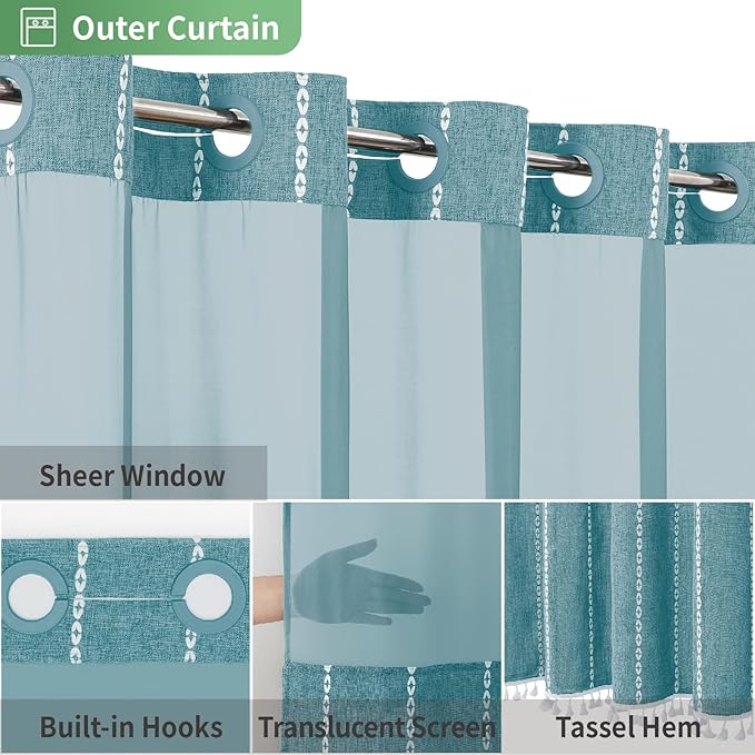 No Hook Long Shower Curtain Set with Snap-in Fabric Liner,Linen Textured Thick Striped Fabric with Tassels,Boho Farmhouse Rustic Luxury Bathroom Curtain,Water-Repellent,Teal,71x80