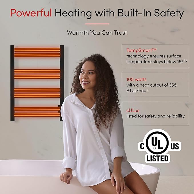 WarmlyYours Heated Towel Warmer Rack, 8-Bar, Hardwired, Integrated On/Off Switch with Light, 304-Stainless Steel (Maple)