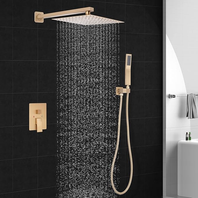 Brushed Gold Square Shower Head with Handheld Set, Rainfall Shower System Modern Wall Mounted Shower Faucet for Bathroom 10 inch (With Shower Valve)