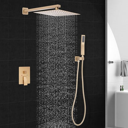 Brushed Gold Square Shower Head with Handheld Set, Rainfall Shower System Modern Wall Mounted Shower Faucet for Bathroom 12 inch (With Shower Valve)
