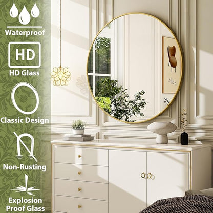 24 Inch Round Bathroom Mirror - Gold Wall Mounted Circle Mirror with Metal Frame, Modern Round Hanging Mirror Suitable for Bathroom, Vanity, Entryway, Living Room