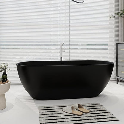 SJ STAR&JANE 69" Solid Surface Freestanding Bathtub Oval Stone Resin Soaking Tub Modern Stand Alone Tub with Overflow & Pop-up Drain, Matte Black for Bathrooms