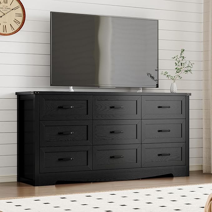 9-Drawer Dresser for Bedroom, Modern Wooden Chest of Drawers with Metal Handles, Anti-Tipping Design, Sturdy and Stable Storage Organizer for Living Room, Entryway, Home Office