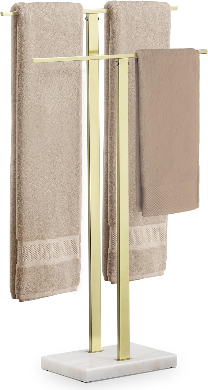 KES Standing Towel Rack with Marble Base, 2-Tier Towel Stand for Bathroom Floor, Upgrade Steady Design, T-Shaped Towel Drying Rack Gold, SUS304 Stainless Steel, Brushed Gold Finish, BTH217-BZ
