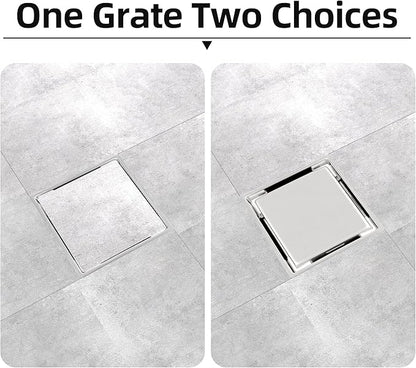 4-Inch Square Shower Drain Kit with Tiled Insert Grate, Brushed Stainless Steel Cover, PVC Bonding Flange & Hair Strainer, Fits 2" & 3" Pipes for Tiled Floors