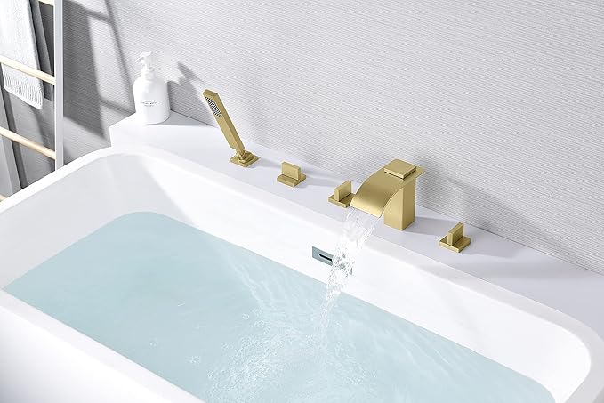 SUMERAIN Roman Tub Faucet Set 5 Holes Deck Mount Waterfall Bathtub Faucet with Handheld Shower Brushed Gold