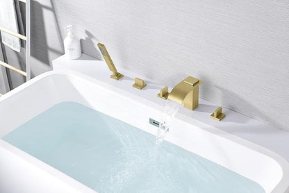 SUMERAIN Roman Tub Faucet Set 5 Holes Deck Mount Waterfall Bathtub Faucet with Handheld Shower Brushed Gold