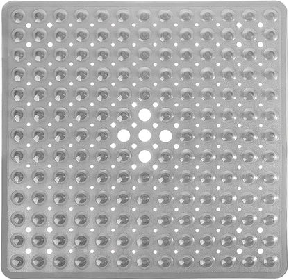 Yimobra Shower Bathtub Mat Non Slip, 21x21 Inch, Soft Square Bath for Tub with Suction Cups and Drain Holes, Stall Floor Mats Bathroom, Machine Washable, Bathroom Accessories, Clear Gray