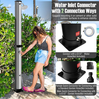 Goplus 10 Gallon Solar Heated Outdoor Shower, 7.2 FT Freestanding Outside Shower with Rotating Shower Head, Temperature Adjustment & Foot Shower, for Backyard Beach Pool SPA (Silver)