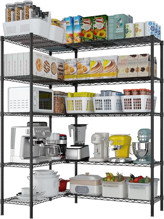 5 Tier Storage Racks Shelving, Heavy Steel Pantry Shelves, Adjustable Wire Shelving Rack, Suitable for Garage, Kitchens, Offices, 69.7" W x 16" D x 71" H, Black