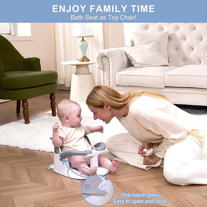 Baby Bath seat for Babies 6 Months & up, 360° Stable Toddler Bath Chair with one-Touch Button, Back Hollow Design, Water Temperature Card & 4 Suction Cups for Safety (Blue)