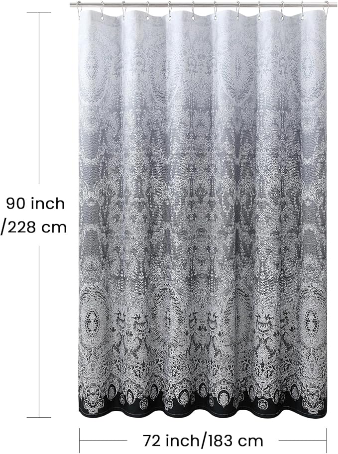 90 Inch Extra Long Shower Curtain - Chantilly Lace Design, Heavyweight Polyester, Black to White Ombre, 72" W x 90" H