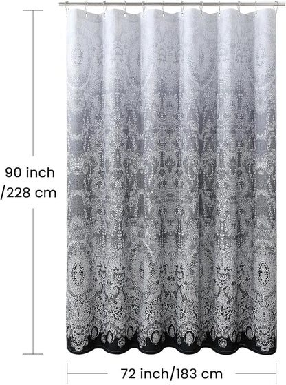 90 Inch Extra Long Shower Curtain - Chantilly Lace Design, Heavyweight Polyester, Black to White Ombre, 72" W x 90" H