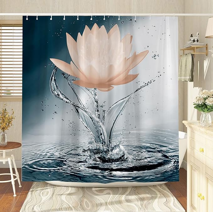 Lotus Shower Curtain Black White Blue Orange Flower Elegant Blooming Floral with Dew Spring Flower Reflection on Water Modern Romantic Polyester Fabric Bathroom Decor 36×70 Inch with Hook