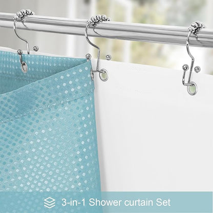 3 in 1 Extra Long Shower Curtain Set-72 W x 84 H, Teal Blue Waffle and PEVA Liner Set with 12 Stainless Steel Hooks, Waterproof Fabric for Bathroom