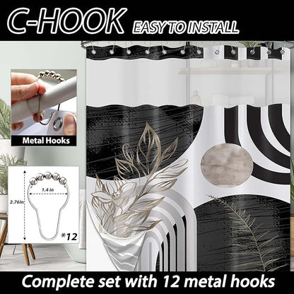 Black and White Boho See Through Mesh Top Shower Curtain with Window, Grey Mid Century Modern Mens Double Layer Shower Curtains with Snap in Liner, Waterproof Fabric with Hooks, 71x72 in