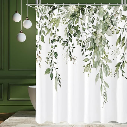 Gibelle Long Shower Curtain 72 x 78, Tall Olive Green Floral Shower Curtain for Bathroom, Watercolor Plant Eucalyptus Leaves Fabric Shower Curtain Set