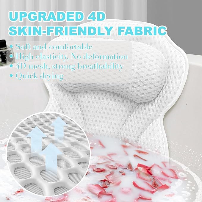 YHan 4D Air Mesh Bath Pillow for Tub - Soft Neck & Back Support with Non-Slip Suction Cups, Relaxing Spacer Mesh Material, Spa Accessories Gift