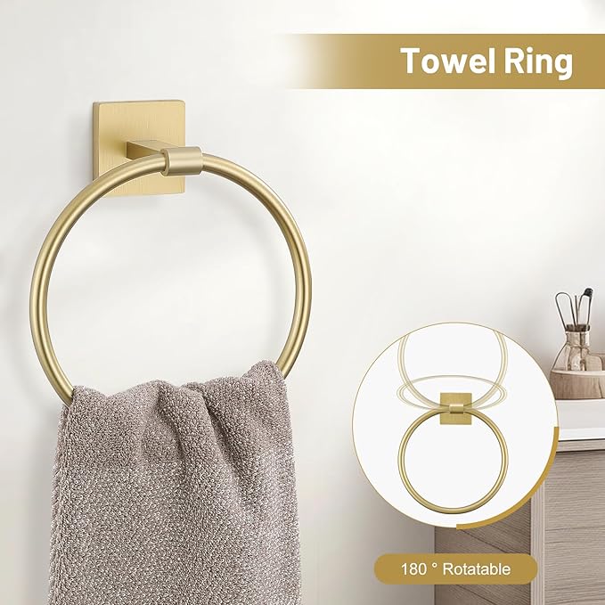 TURS 5-Pieces Brushed Gold Bathroom Hardware Set 23.6 Inch SUS304 Stainless Steel Towel Bar Set Wall Mounted Square Toilet Paper Holder with Shelf