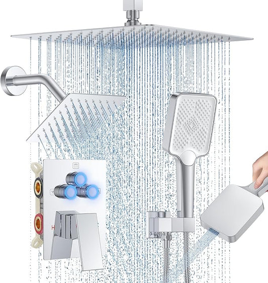 Shower Faucet Set, 12" Ceiling Mount Rainfall Shower System with 2 Rain Shower Head and Multi-function Handheld Head Push Button Diverter Shower Faucet Trim Kit (12", Polished Chrome)