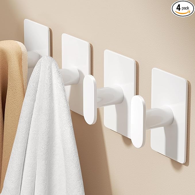 pickpiff Adhesive Towel Hooks for Bathroom: 20LB Extra Strong Wall Hanger for Shower Kitchen RV Dorm Apartment, White 4 Pack