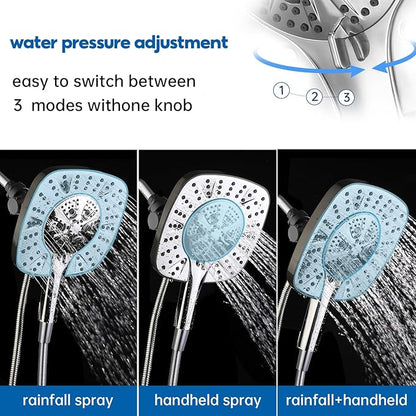 Shower Head with Handheld Spray Combo 2 in 1 Rainfall High Pressure with 59" Rotatable Stainless Steel Hose 9 Spray Modes Detachable Silver