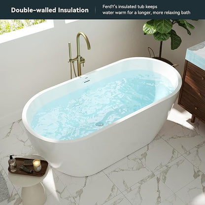 FerdY Nauru 59" Freestanding Bathtub,Gracefully Shaped Freestanding Soaking tub, Glossy White, cUPC Certified, Chrome Drain & Classic Slooted Overflow Assembly Included