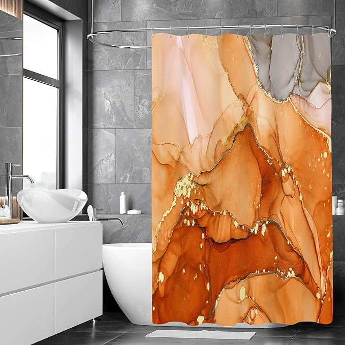Extra Long Shower Curtain 72 x 84 Inch, Orange Tall Abstract Marble Shower Curtains for Bathroom, Modern Luxury Art Decor Ink Texture Fabric Shower Curtain Set with Hooks