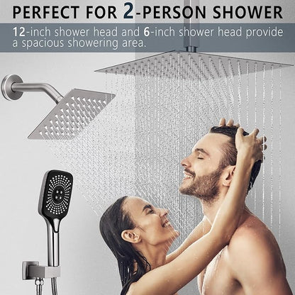 Shower Faucet Set Rainfall Shower System Push Button Diverter Shower Faucet with 4 in 1 Handheld, Ceiling Mount 12 Inch Shower Head and 6 Inch Wall Mount Shower Head