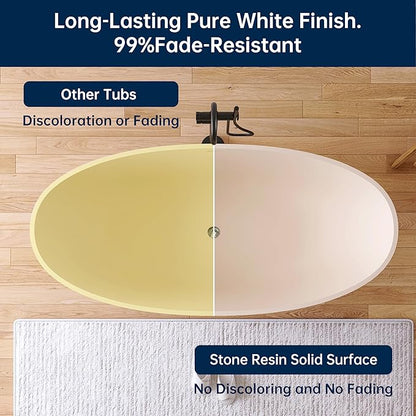 Stone Resin Freestanding Bathtub 65", Elegant Oval Shape Soaking Tub, Solid Surface Stand Alone Bathtub with Drain & Integrated Slotted Overflow AMFS303-1650 milky coffee