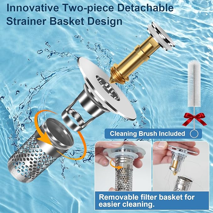 Bathroom Sink Stopper, Pop-up Bathroom Sink Drain Strainer Stopper with Removable Stainless Steel Strainer Filter Basket Hair Catcher, Sink Drain Stopper for Bathroom Sink Stopper Replacement (2PCS)