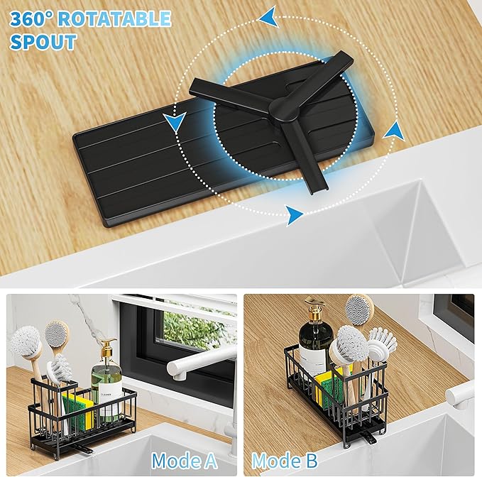 Cisily Black Sponge Holder for Kitchen Sink, Sink Caddy Organizer with High Brush Holder, Kitchen Countertop Organizers and Storage Essentials, Rustproof 304 Stainless Steel, Soap Dispenser Organize
