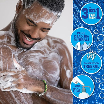 Dead Sea Collection Mens Body Wash 3 in 1 – Amber Wood Body Wash for Men – Shower Gel – Shampoo – Shower Soap for Face and Hair – Pack of 2 Bottles (33.8 Fl. Oz. Each)