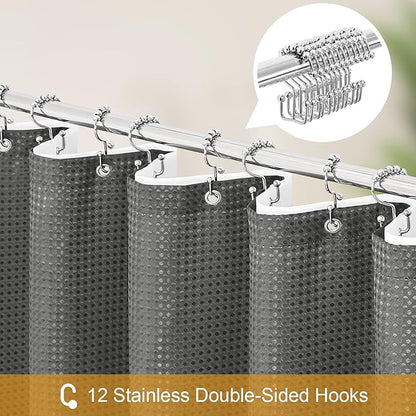 3 in 1 Long Charcoal Grey Shower Curtain Set-72 W x 78 H, Modern Waffle and PEVA Liner Set with 12 Stainless Steel Hooks, Waterproof Fabric for Bathroom