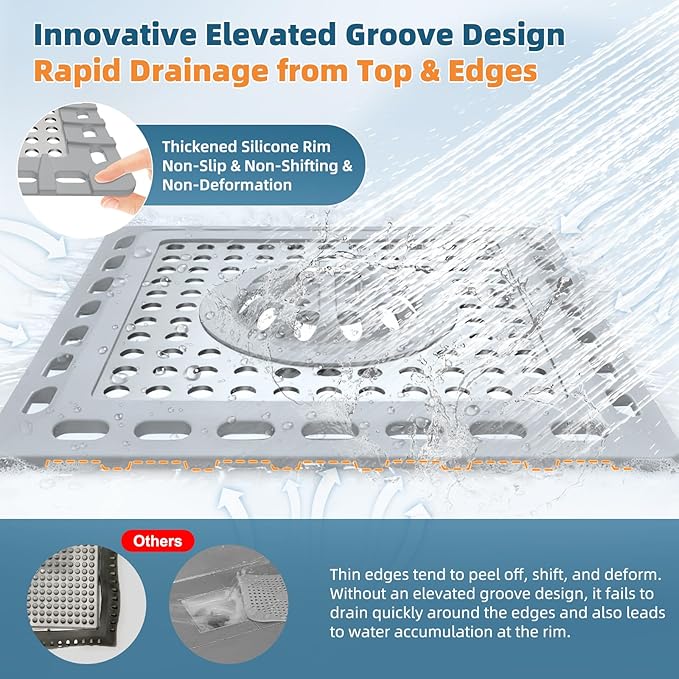 Hibbent Upgraded Shower Drain Hair Catcher, Shower Drain Cover for Bathroom Floor 4" Drain, Anti-Clogging Bathtub Drain Strainer, Stainless Steel Kitchen Sink Drain Strainer with Handle, Grey