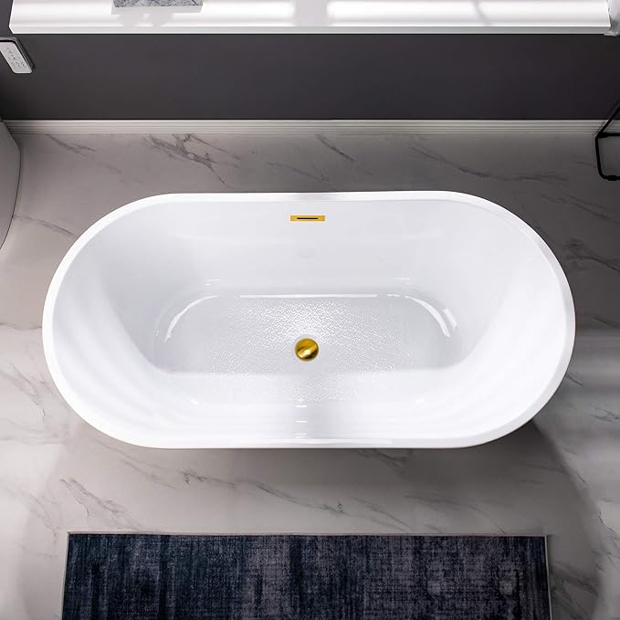 WOODBRIDGE 59" Freestanding White Acrylic Soaking Bathtub with Brushed Gold Drain and Overflow,BTA1514 -BG-Drain &O
