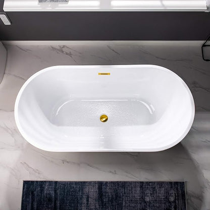 WOODBRIDGE 59" Freestanding White Acrylic Soaking Bathtub with Brushed Gold Drain and Overflow,BTA1514 -BG-Drain &O