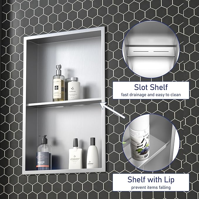 Stainless Steel Shower Niche 14"×24" Brushed No Tiled Needed Niche Shower for Bathroom Wall Recessed Shower Shelf for Storage