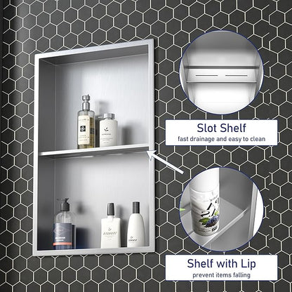 Stainless Steel Shower Niche 14"×24" Brushed No Tiled Needed Niche Shower for Bathroom Wall Recessed Shower Shelf for Storage