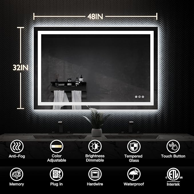 ISKM 48'' x 32'' LED Mirror for Bathroom Lighted Vanity Mirror for Wall Front Lights + Backlit LED Bathroom Mirror Anti-Fog Tempered Glass ETL Listed