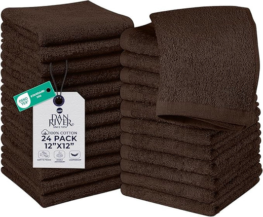 DAN RIVER 24 Pack Wash Cloths for Showering [12x12] - 100% Cotton Washcloths Premium Quality Flannel Face Cloths for Bathroom, Highly Absorbent and Soft Feel Wash Clothes, Brown